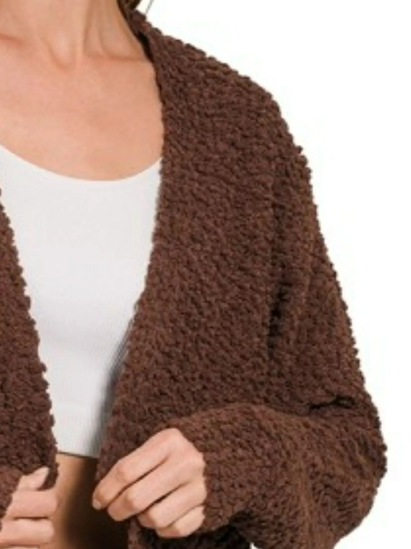 Zenana Brown Long Sleeve Popcorn Sweater Cardigan with Pockets