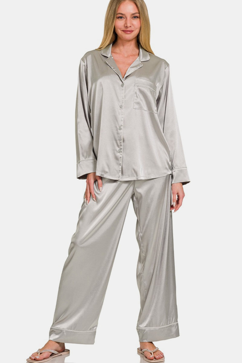 Zenana Silver Satin Long Sleeve Shirt and Pants Pajama Set Silver Loungewear