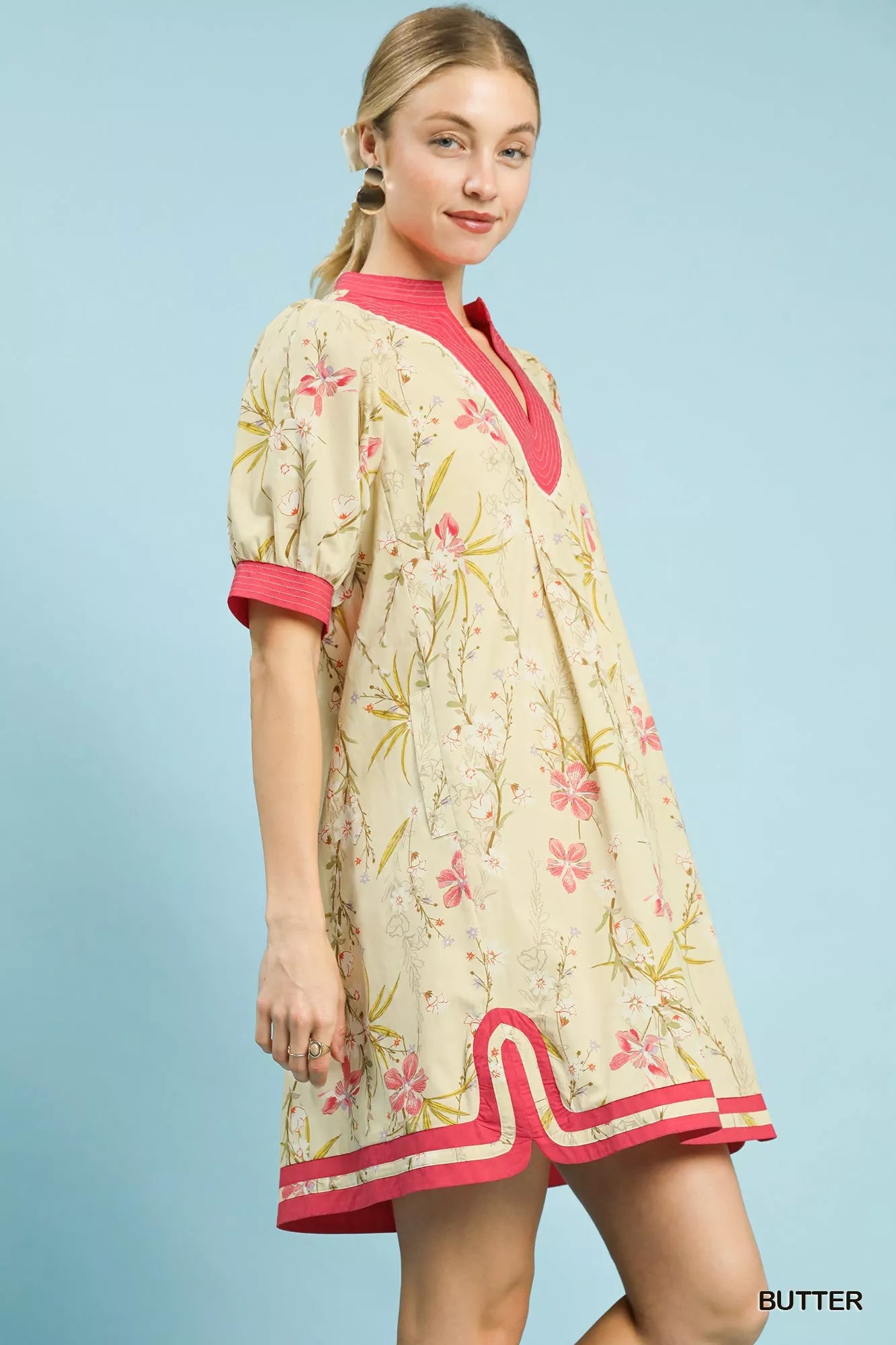 Umgee Butter Floral Puff Sleeve Dress with Contrast Trim