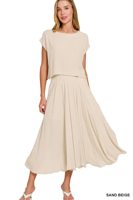 Zenana Sand Beige Woven Crinkle Gauze Crop Tee and Skirt Set SAND BEIGE