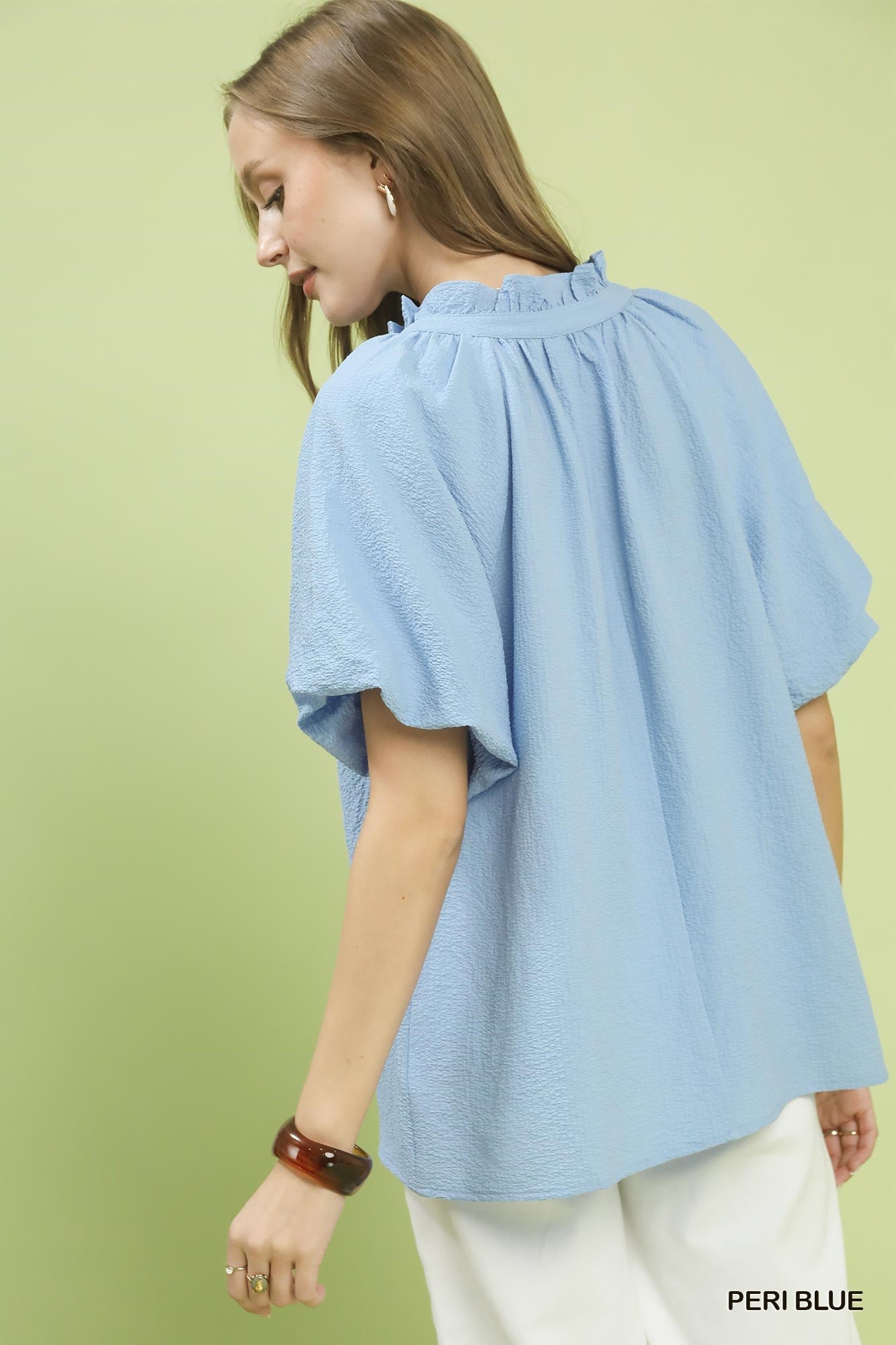 Umgee Peri Blue Puff Sleeve Ruffle Neck Tunic Blouse