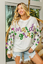 BiBi Off White Fleur De Lis Sleeve Mardi Gras Pullover