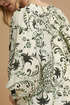 Umgee Olive Boho Printed Balloon Sleeve Mini Dress