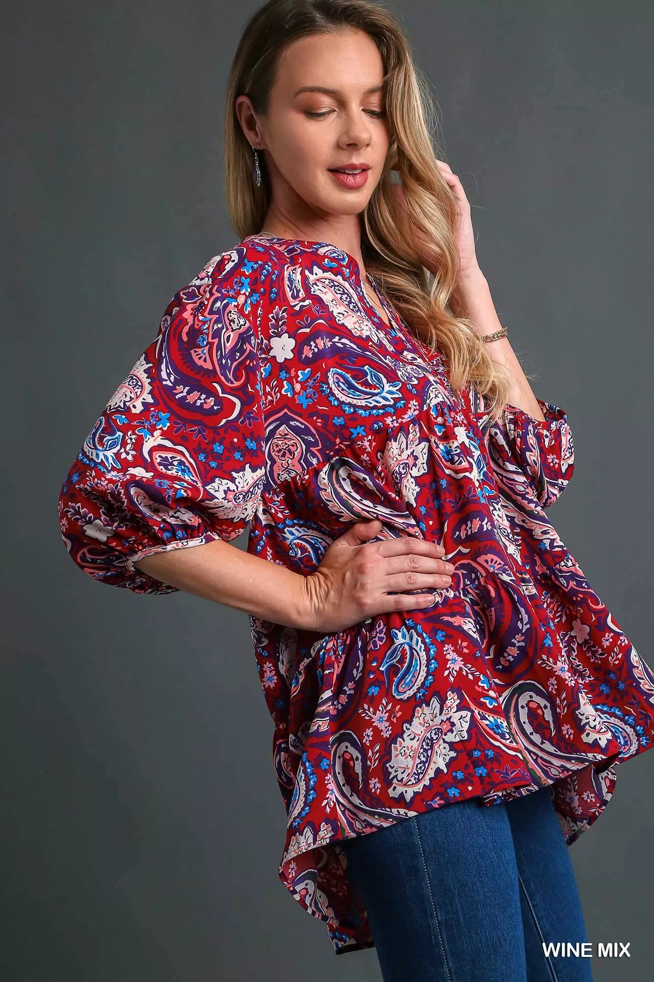 Umgee Wine Mix Paisley Boho Tunic Blouse