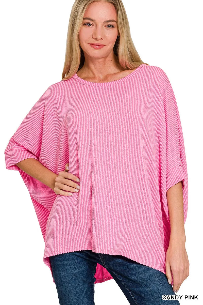 Zenana Candy Pink Round Neck Raised Rib Bat Sleeve Top CANDY PINK