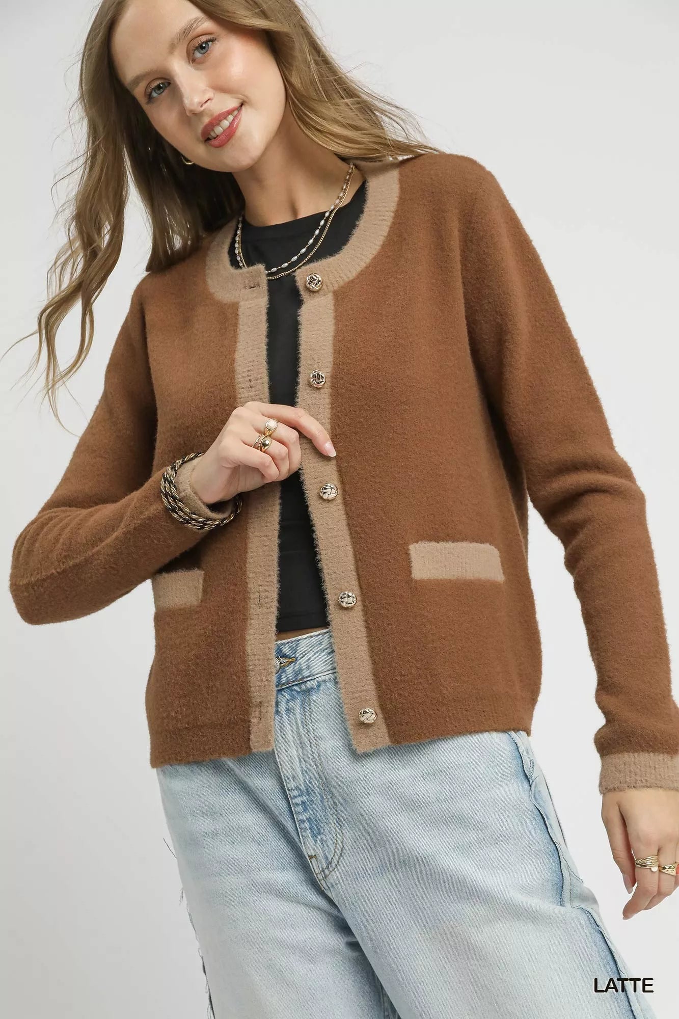 Umgee Latte Two-Tone Button Front Cardigan LATTE