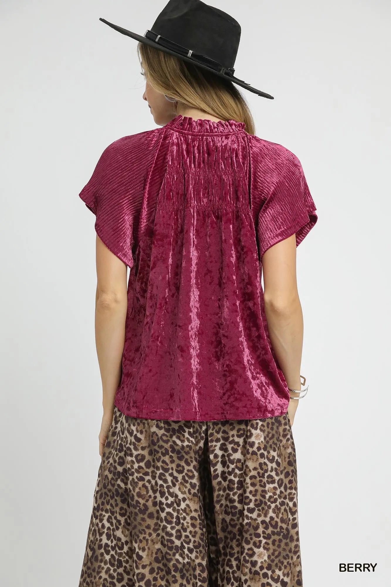 Umgee Berry Crushed Velvet Pleated Blouse