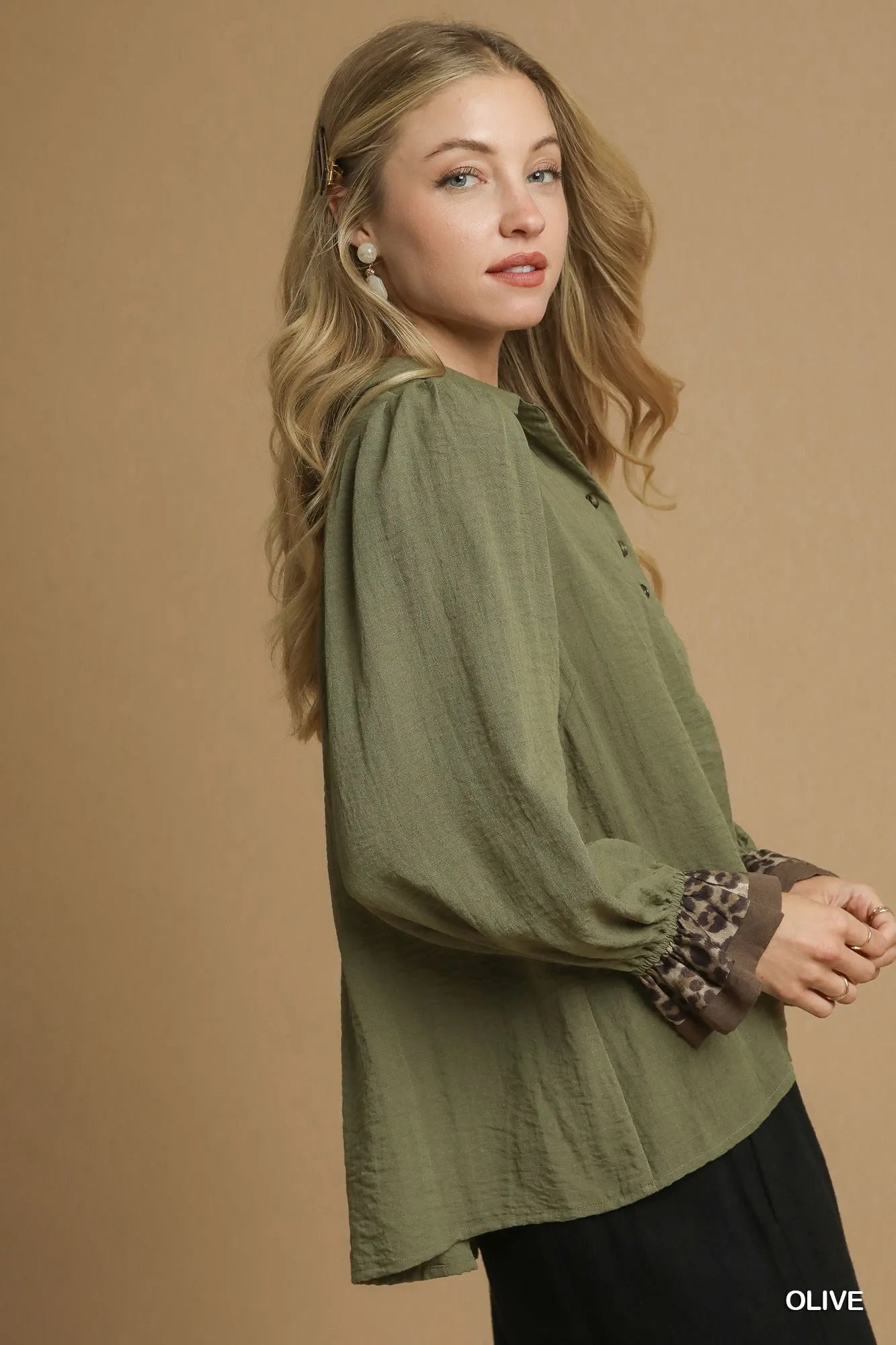 Umgee Olive Half Button Blouse with Leopard Print Trim