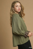 Umgee Olive Half Button Blouse with Leopard Print Trim