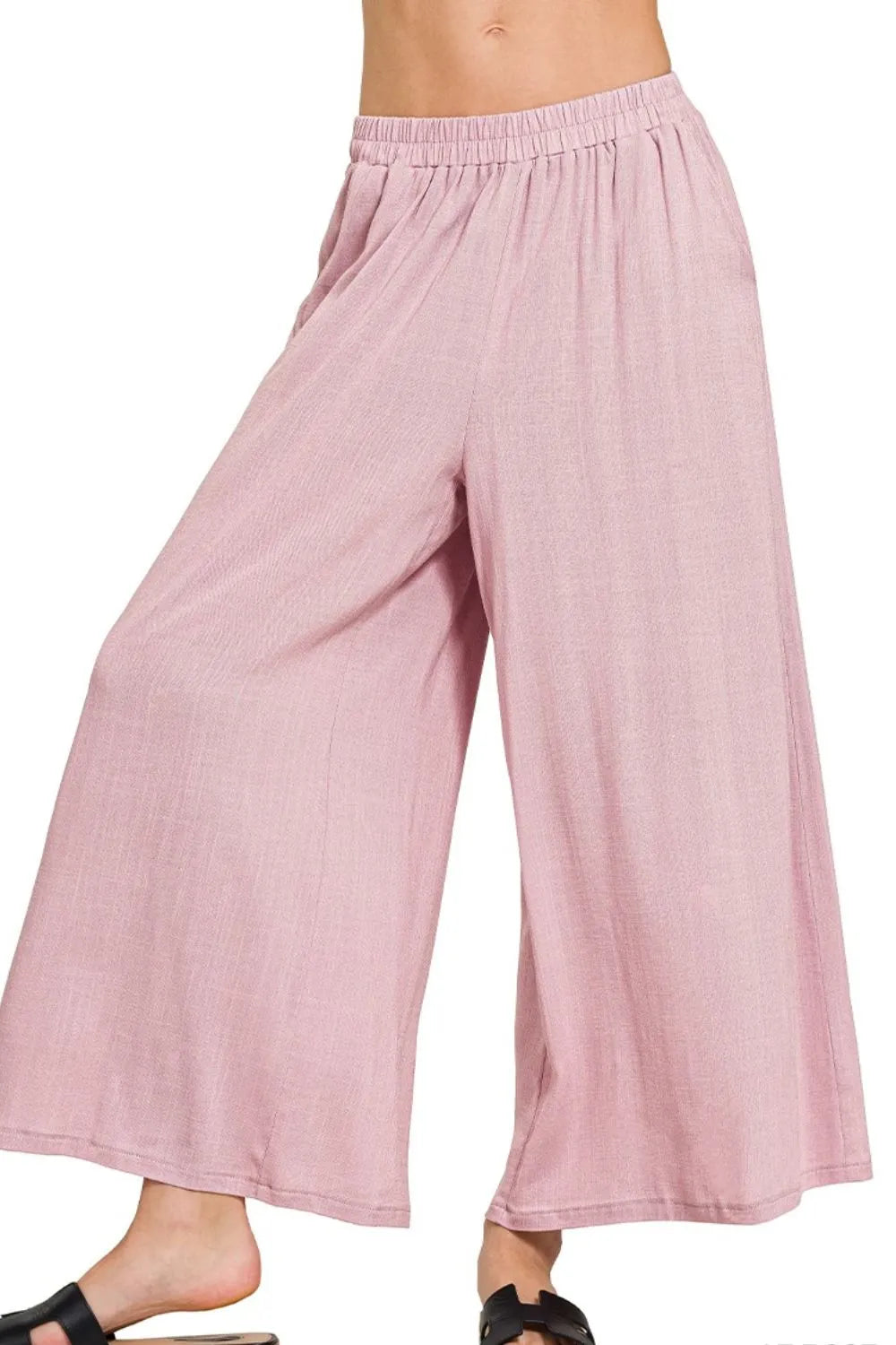 Zenana Light Rose Woven Elastic Band Pants With Pocket