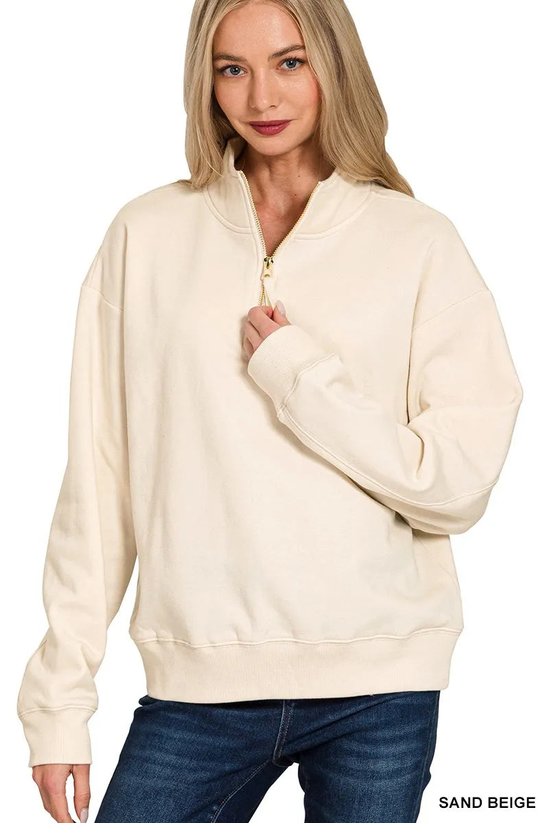 Zenana Sand Beige Fleece Half Zip Sweatshirt