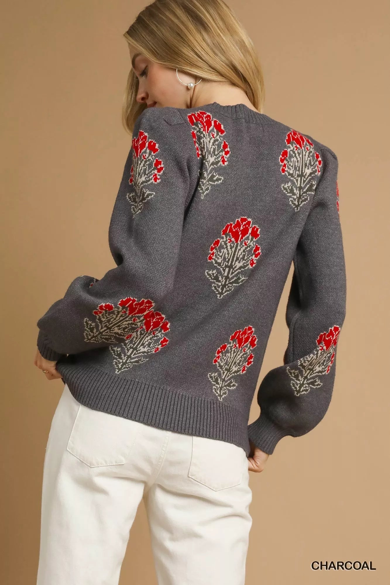 Umgee Charcoal Single Flower Stem Jacquard Sweater