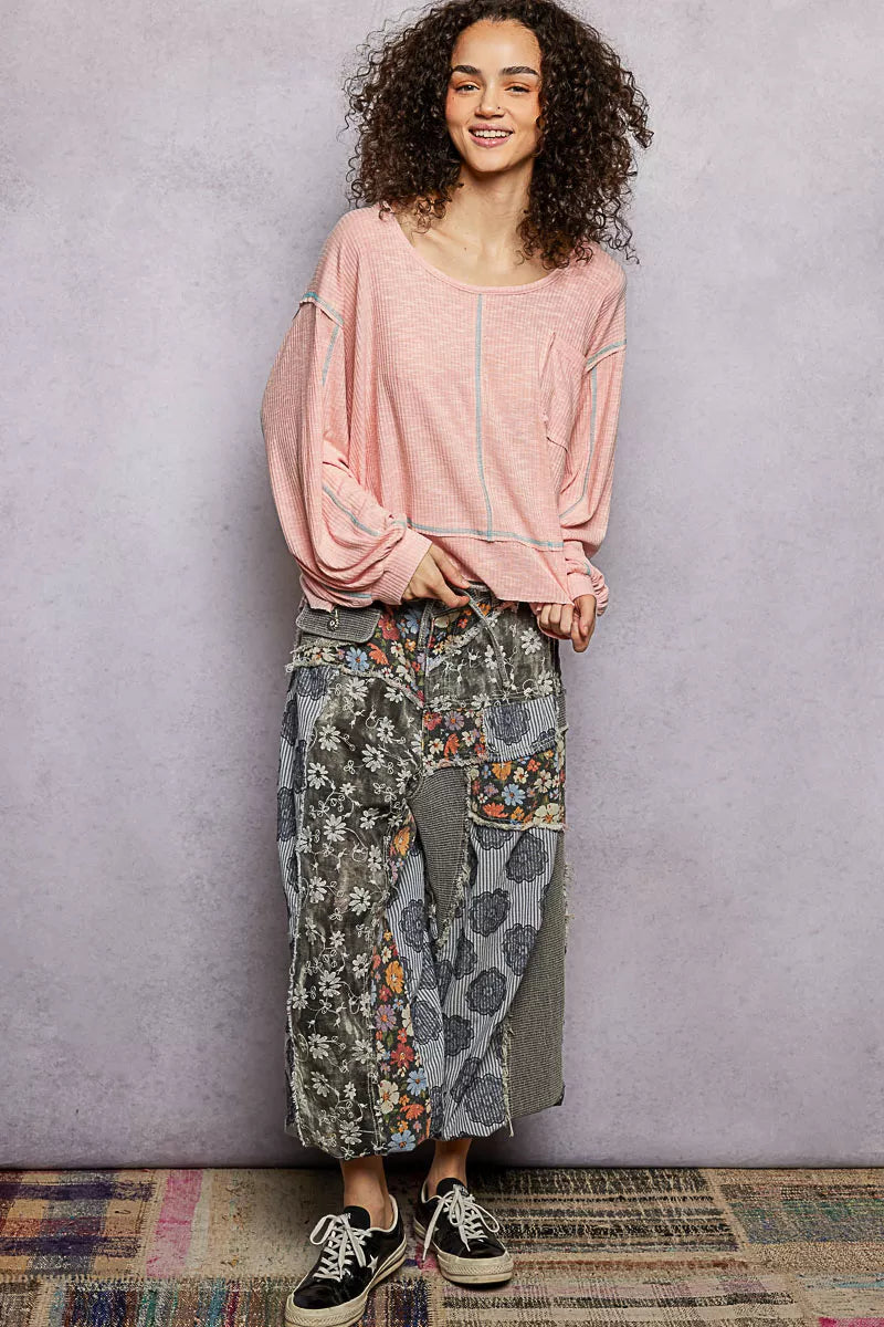 POL Blush Pink Round Neck Long Sleeve Exposed Seam Top with Chest Pocket