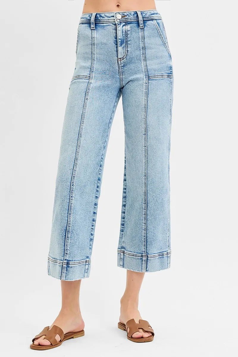 RISEN Light Washed High Rise Crop Wide Front Seam Detailed Jeans