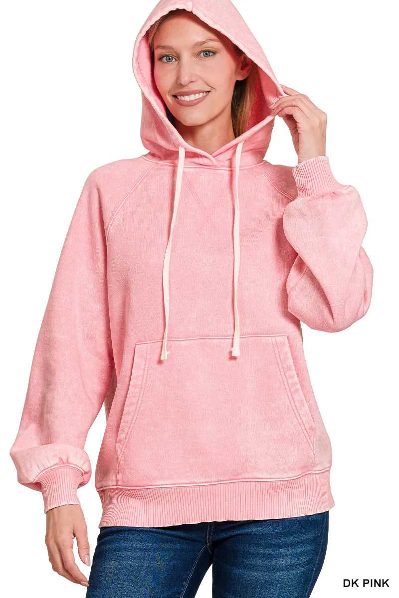 Zenana Dark Pink Acid Wash Fleece Hoodie with Kangaroo Pocket
