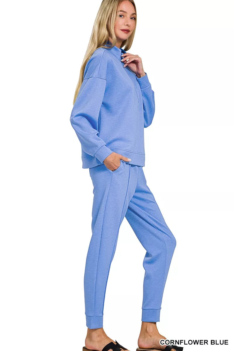 Zenana Cornflower Blue Scuba Half Zip Pullover and Jogger Set