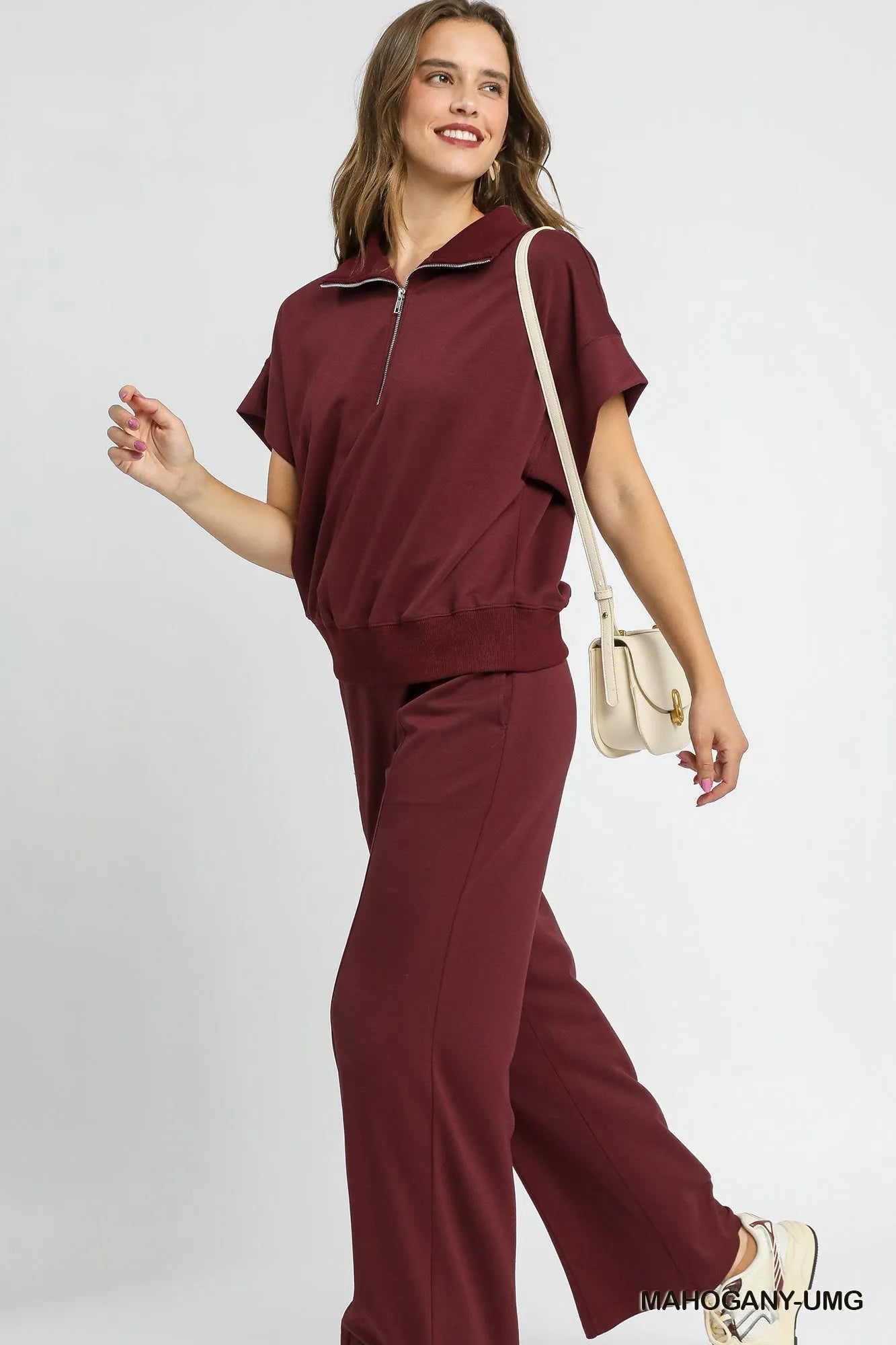 Umgee Mahogany Half-Zip Short Sleeve Top