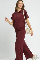 Umgee Mahogany Half-Zip Short Sleeve Top