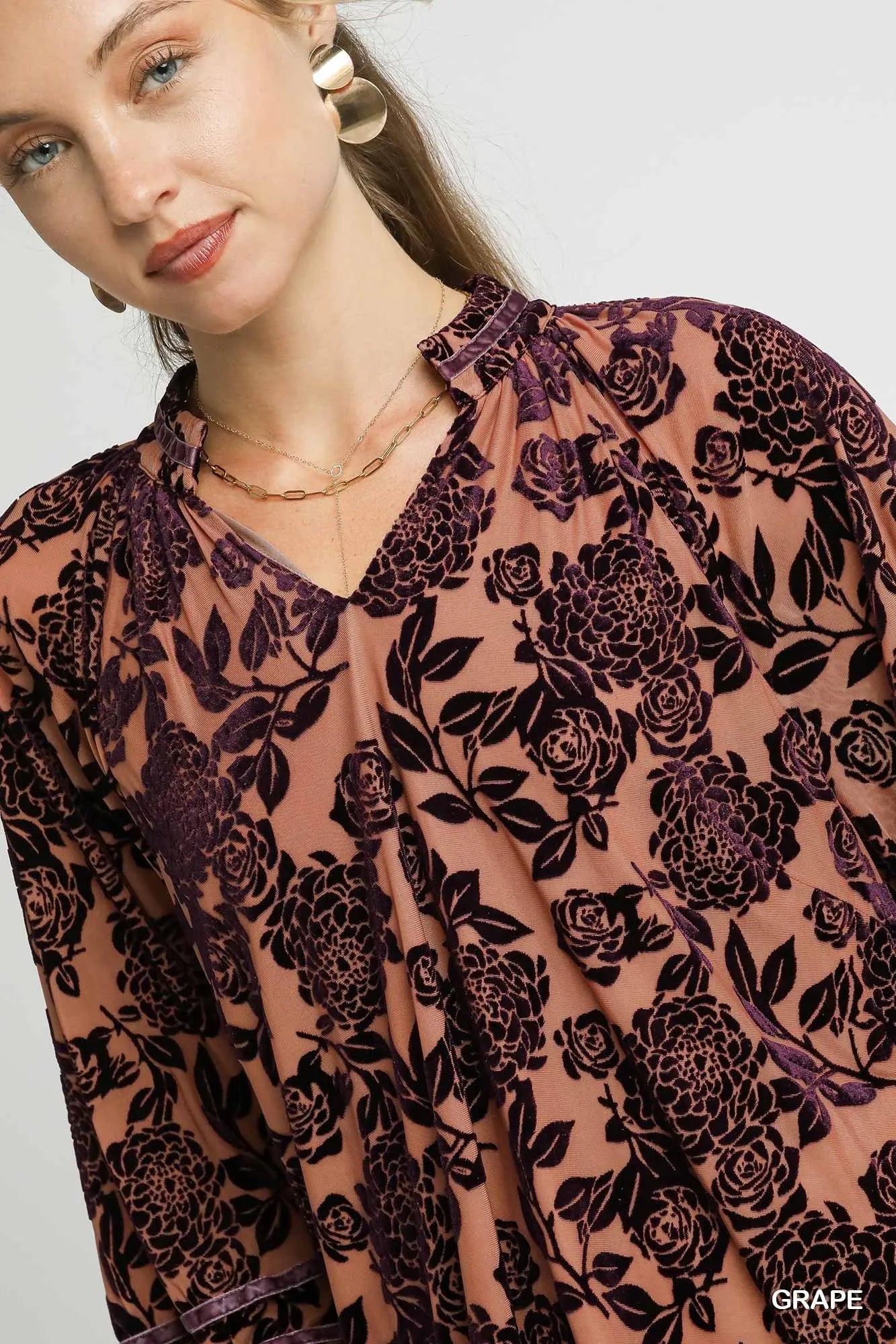 Umgee Grape Floral Velvet Burnout Blouse with Balloon Sleeves
