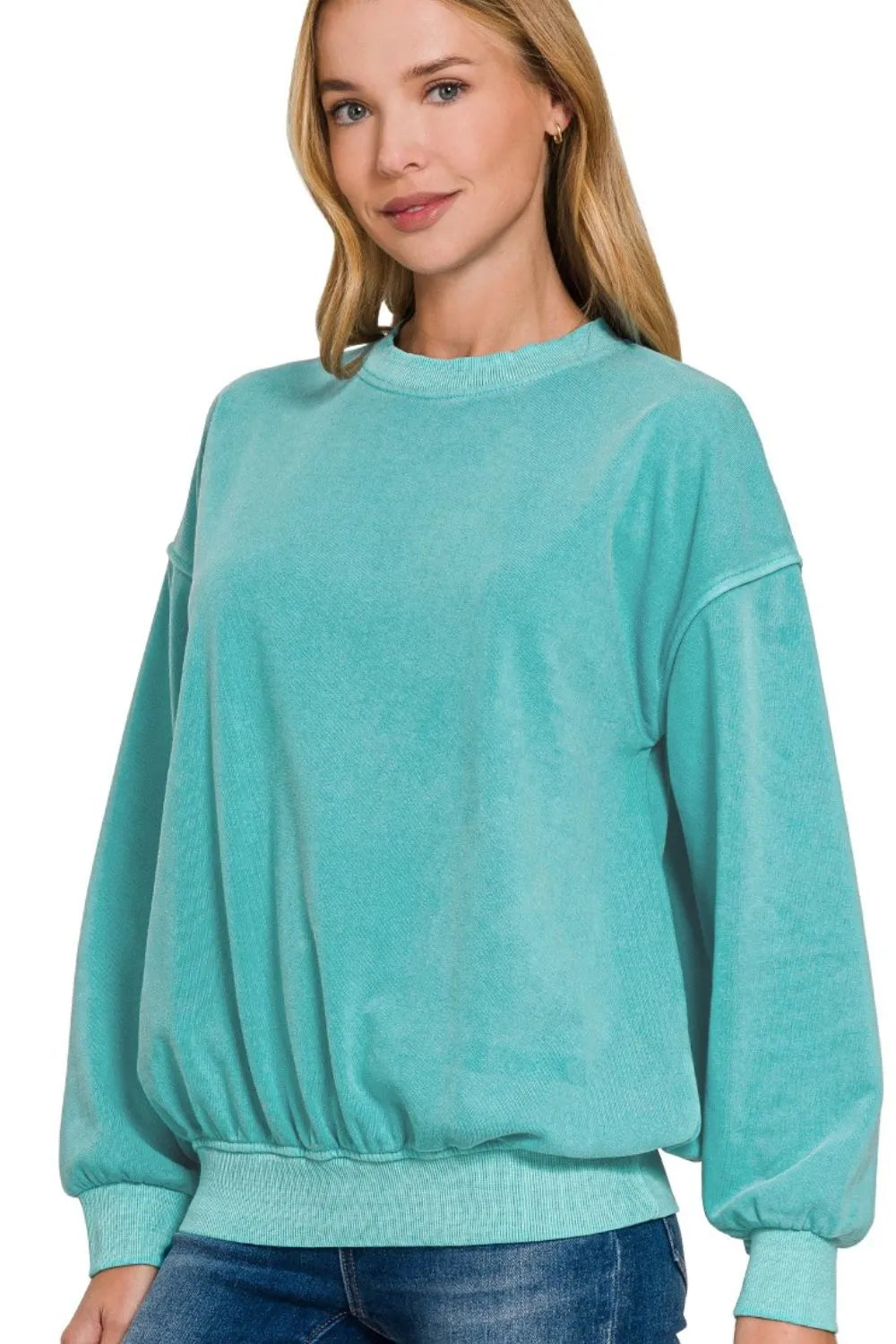 Zenana Light Teal Soft Fleece Pigment Dye Round-neck Sweatshirt