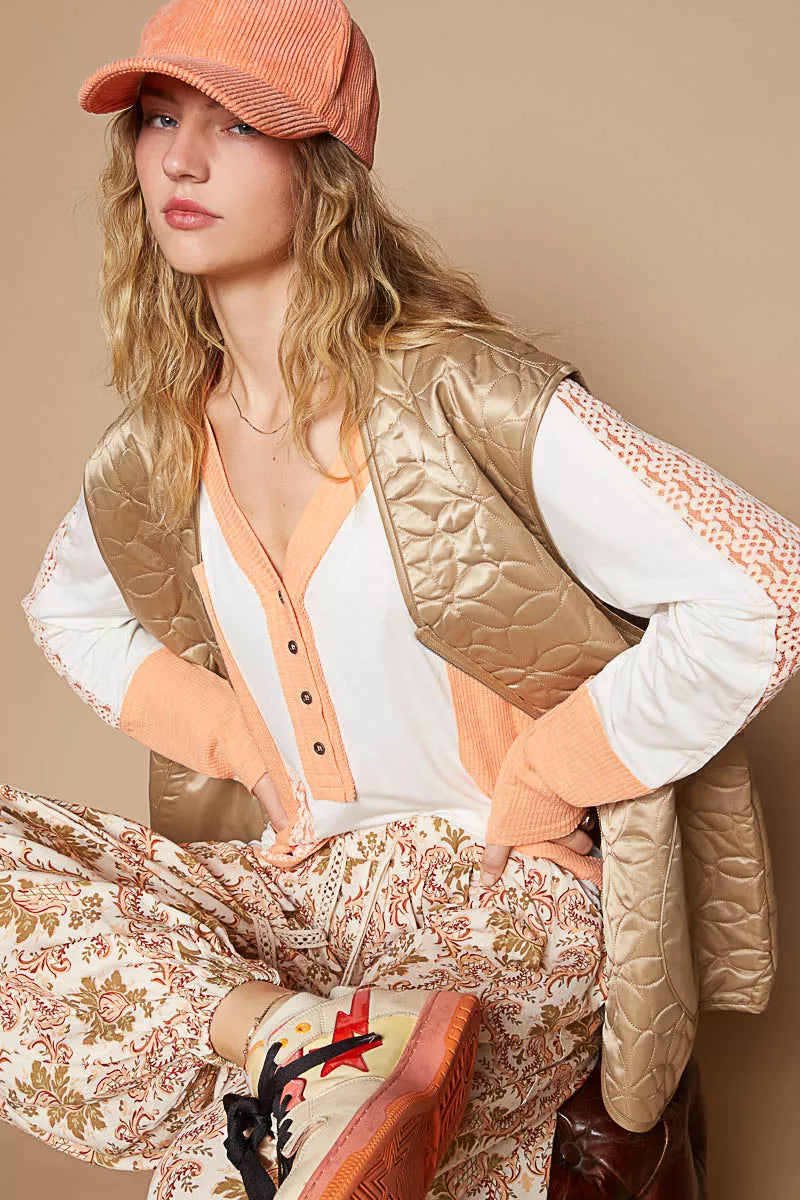 POL Mocha Front Zipper Floral Pattern Quilted Vest Coat with Front Pockets