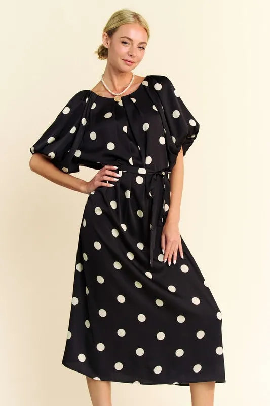 Davi & Dani Black Polka Dot Puff Sleeves Waist Tie Midi Dress Black