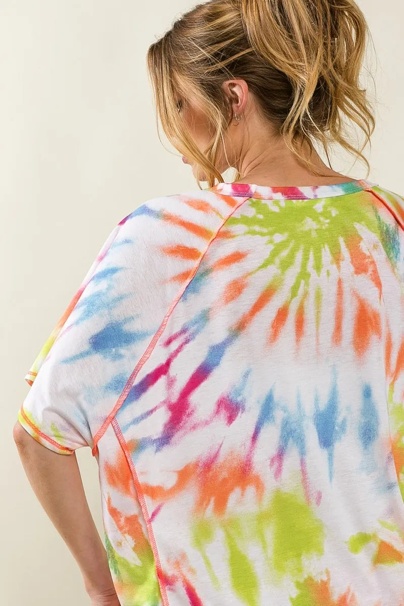 BiBi Tie Dye Print Jersey Stitched Uneven Hem Top