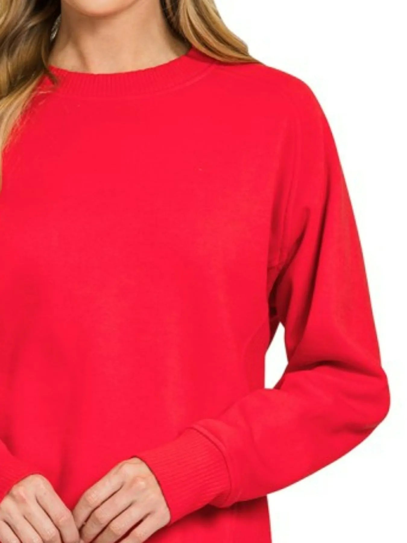 Zenana Ruby Fleece Round Neck Ribbed Side Raglan Sweatshirt