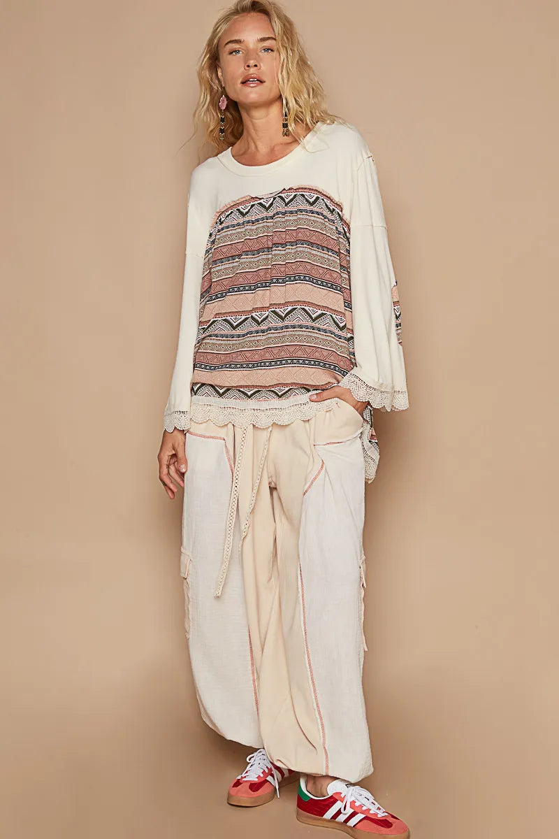 POL Buttermilk Bohemian Geometric Print Long Sleeve Top with Lace Trim