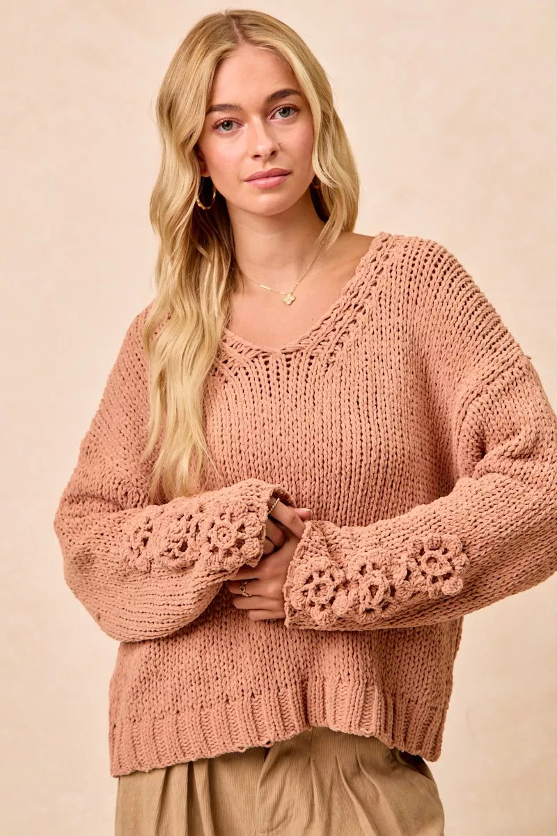 BiBi Dusty Peach Chunky Knit Sweater with Flower Detail Sleeves
