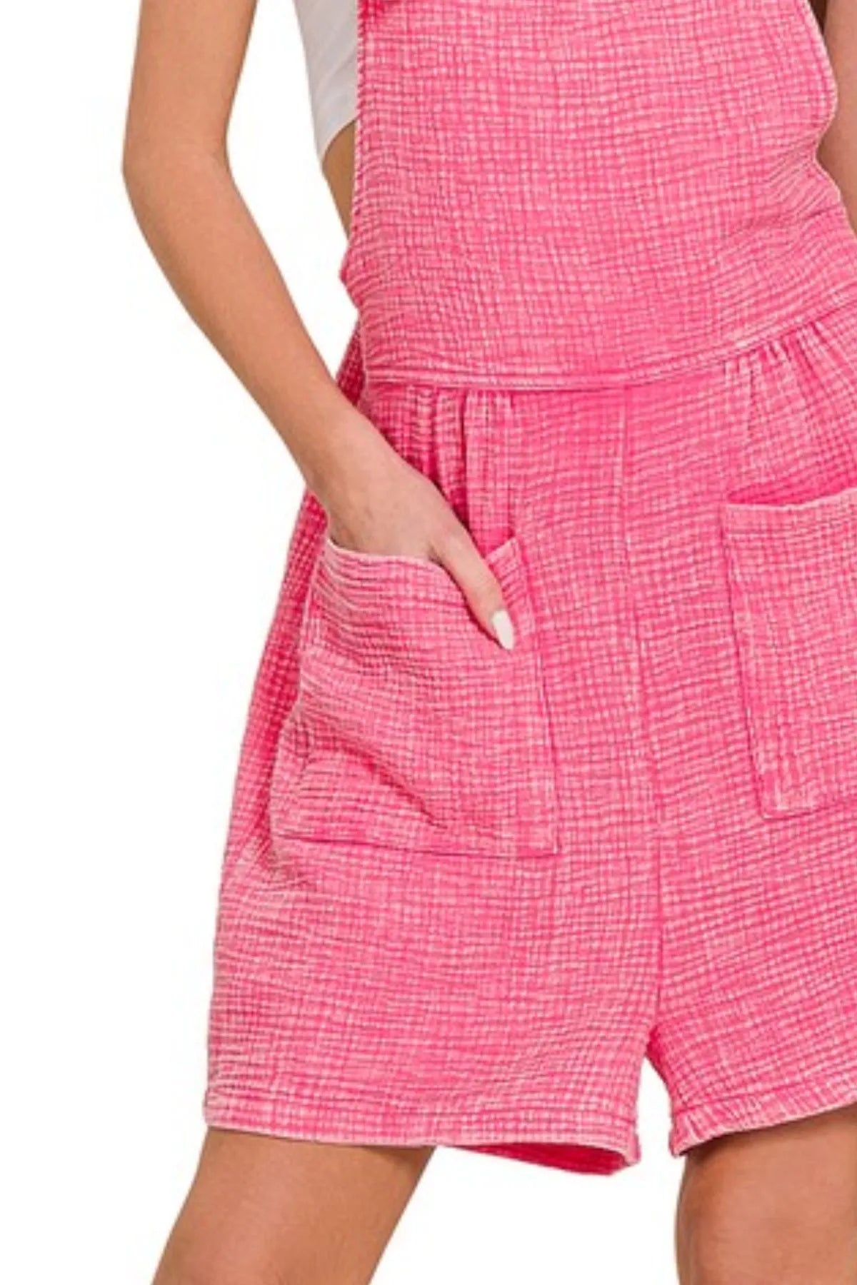 Zenana Fuchsia Woven Double Gauze Acid Washed Romper