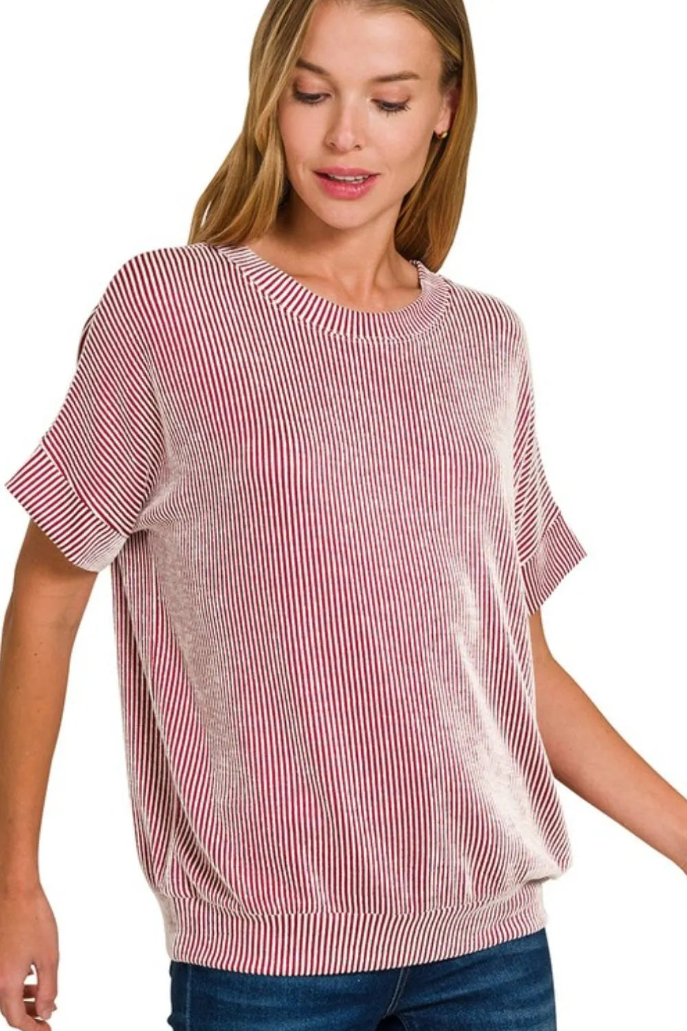 Zenana Dark Red Corded Rib Short Sleeve T-Shirt DK RED