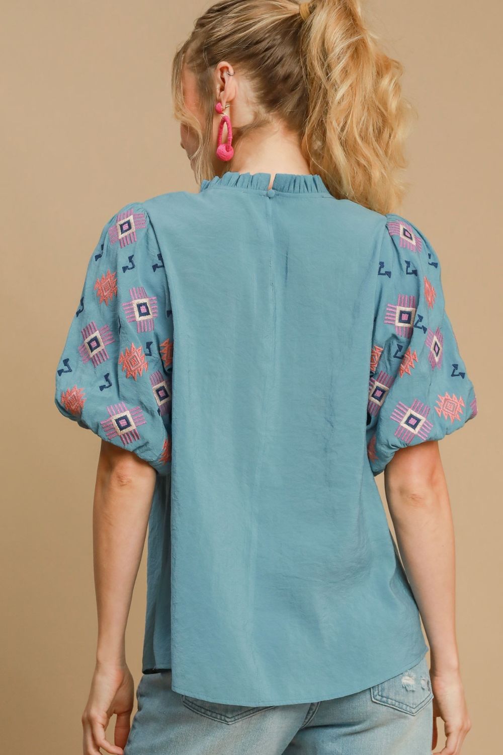 Umgee Teal Embroidered Puff Sleeve Mock Neck Top