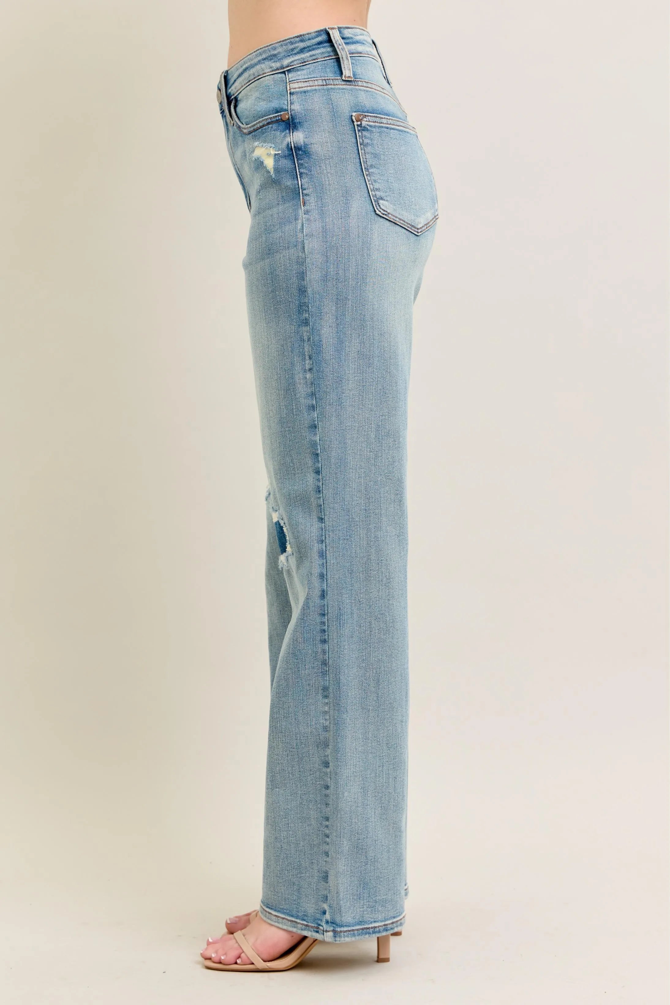 Judy Blue Waisted Distressed & Knee Patch Straight Jeans