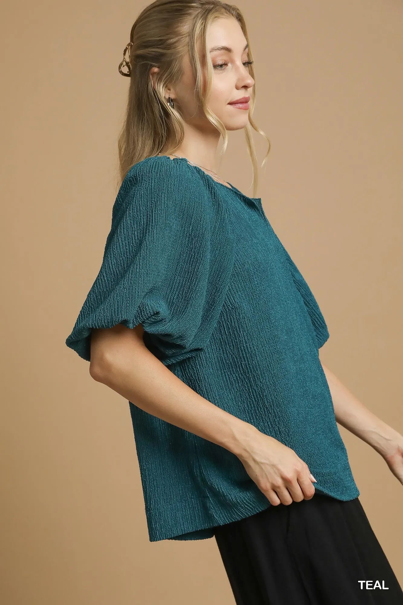 Umgee Teal Textured Flutter Sleeve Notch Neck Top