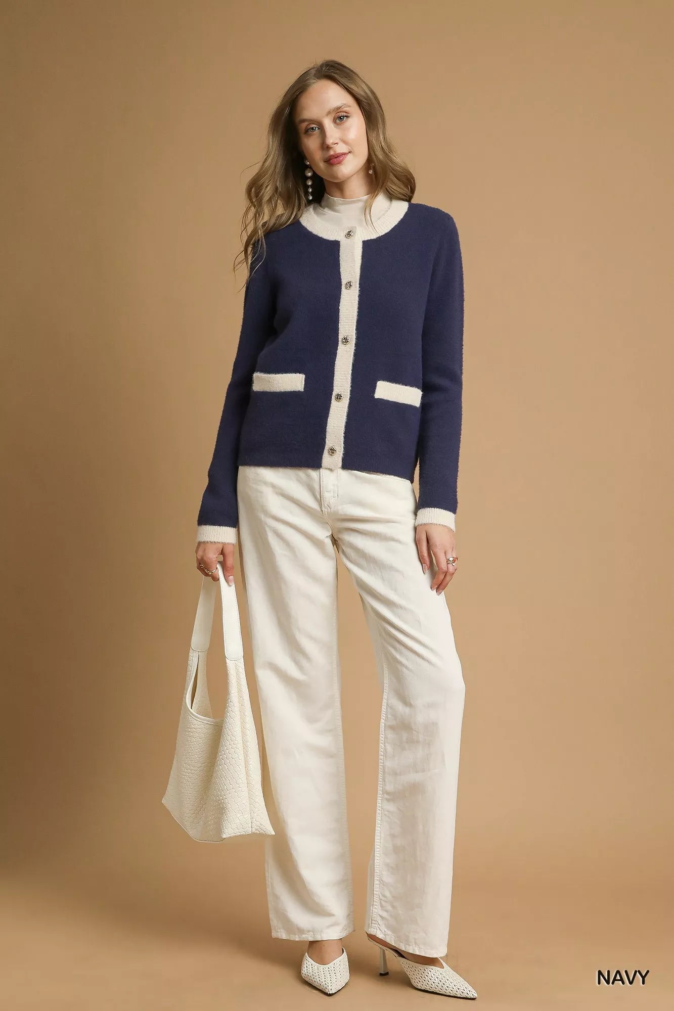 Umgee Navy Two-Tone Button Front Cardigan
