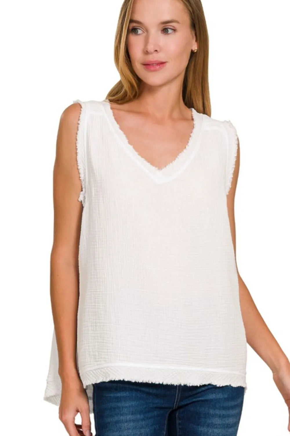 Zenana White Double Gauze Raw Edge V-Neck Tank WHITE