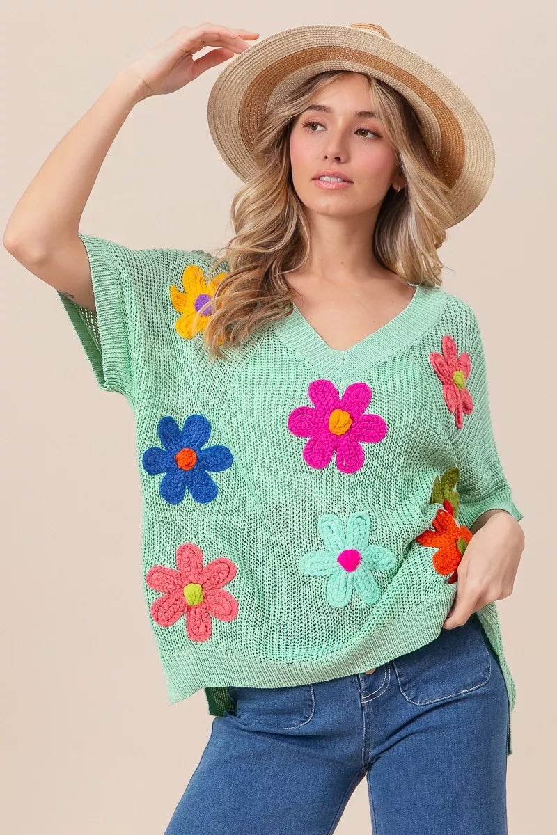 BiBi Flower Patches Dolman Short Sleeve Lightweight Sweater SAGE