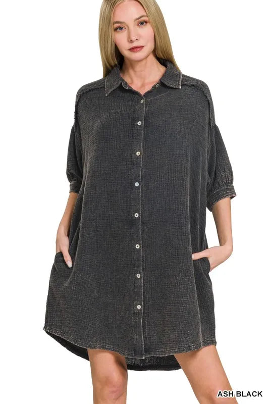 Zenana Ash Black Washed Double Gauze Button Down Shirt Dress