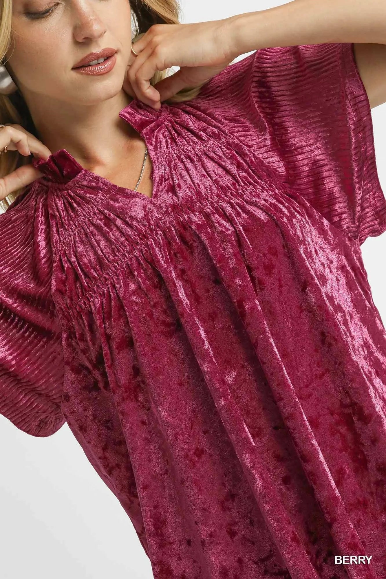 Umgee Berry Crushed Velvet Pleated Blouse