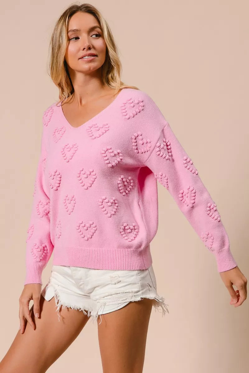 BiBi Valentines Heart Pompom V Neck Knit Top
