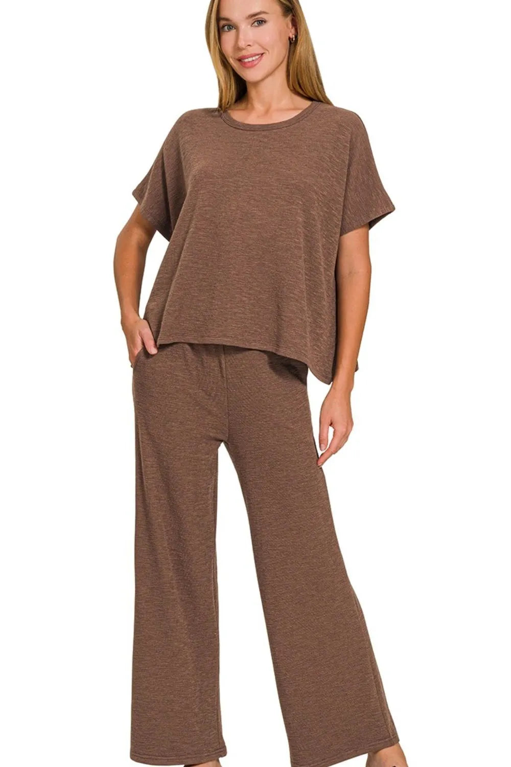 Zenana Brown Cotton Slub Top & Pants Set