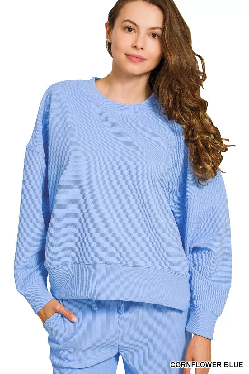 Zenana Cornflower Blue Ribbed Round Neck Pullover and Drawstring Pants Set