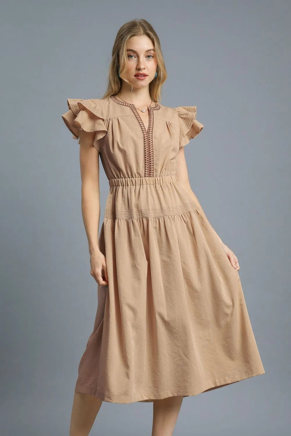 Umgee Ruffled Cap Sleeve Midi Dress with Contrast Trim Detail Tan