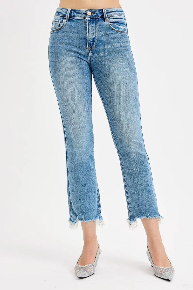 RISEN Medium Washed High Rise Frayed Hem Crop Straight Slim Jeans