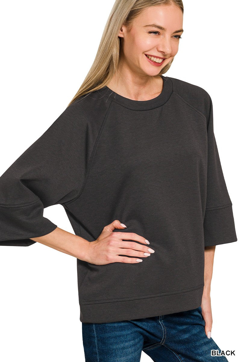 Zenana Black Scuba 3/4 Sleeve Pullover