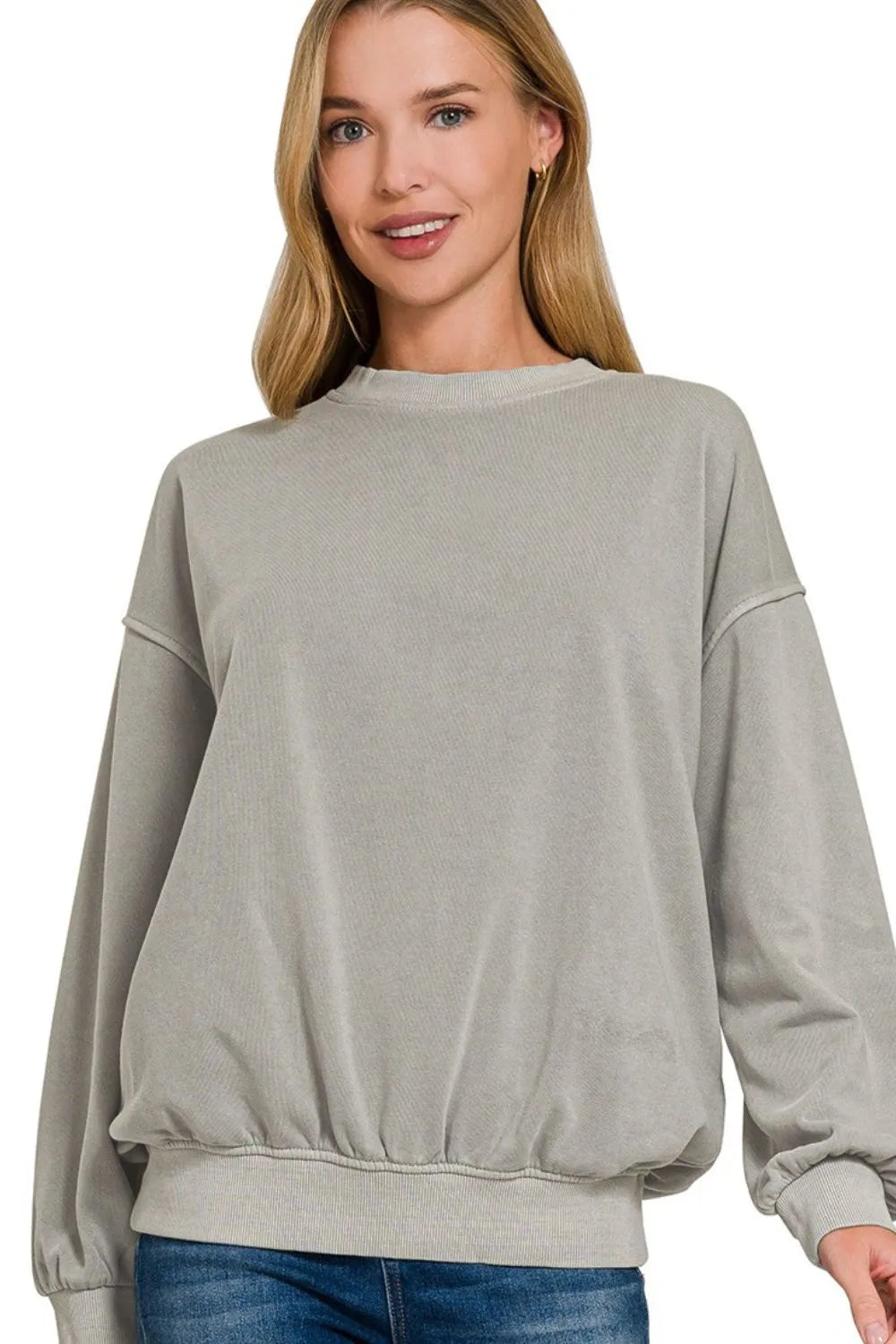 Zenana Sleet Soft Fleece Pigment Dye Round-neck Sweatshirt