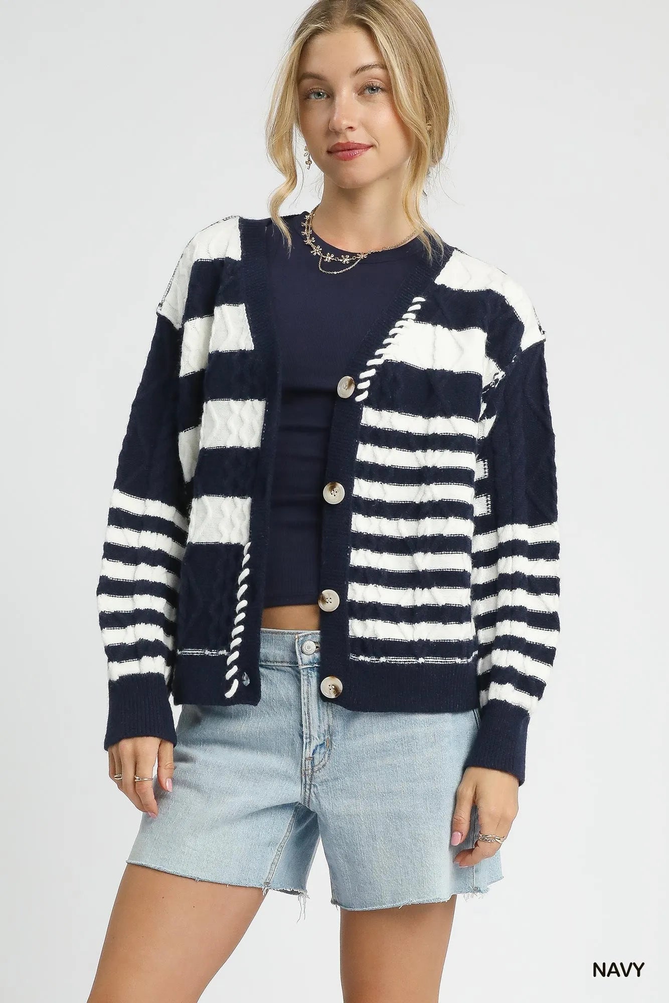 Umgee Navy & Ivory Cable-Knit Stripe Button-Up Cardigan Navy