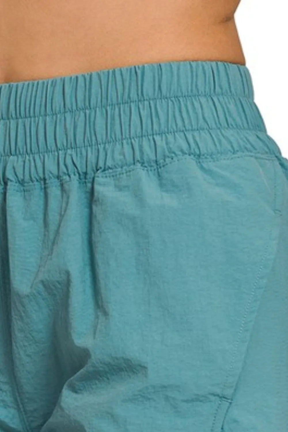 Zenana Dusty Teal Windbreaker Smocked Waistband Running Shorts