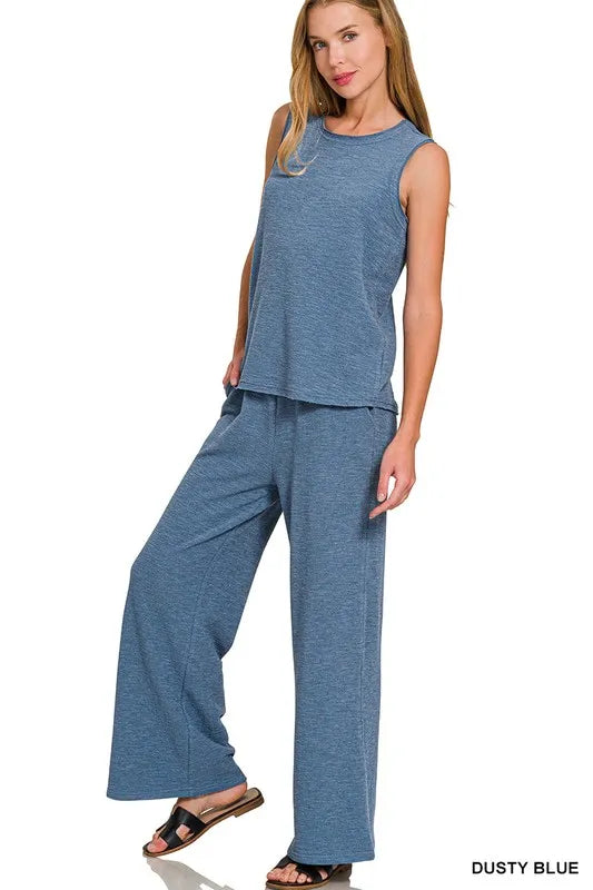 Zenana Dusty Blue Cotton Slub Tank & Pants Set